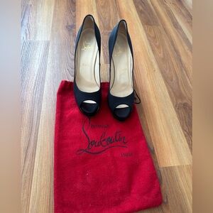 SALE Christian Louboutin Black Peep-Toe Satin Pumps